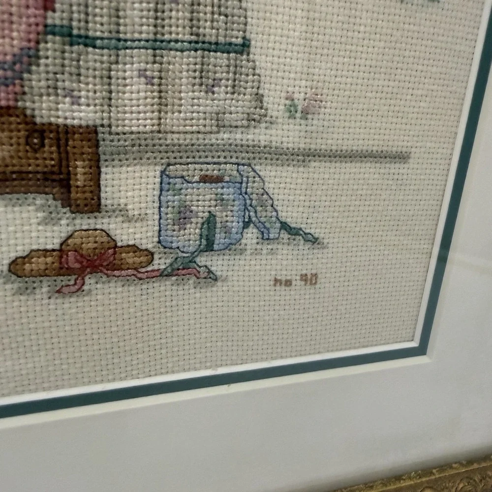 Vtg Embroidered Cross Stitched Wall Art Fashion Victorian Decor Matted Framed